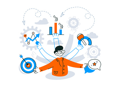 perfomance management business business illustration businessman character design consulting design flat hands icon design icons illustration management manager multitasking nerd octopus perdomance person vector versatility