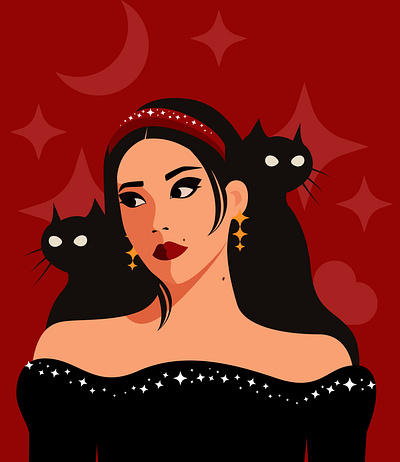 Black cat lover black cat cat flat design girl illustration makeup portrait witch woman