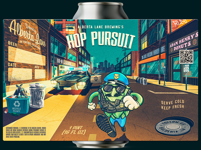 Alberta Lane's Hop Pursuit 2d alcohol beer bottle brewery brewing can character cop digital painting funny hop illustration label package packaging pint police procreate retro