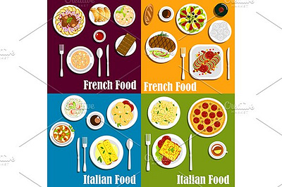 Italy and France cuisine dishes chocolate cuisine dessert snack dish food french lunch meal pastry pizza ratatouille ravioli vector wine