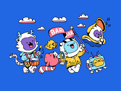 Prade with Astromot's Friends astromot astronaut blue character cute digital exciting friend happy illustration illustrator monkey monster music parade playful