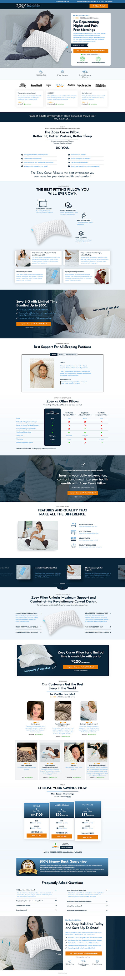 Landing Page Design Pillow Brand 'Zoey' landing page landing page design ui website design website ui design