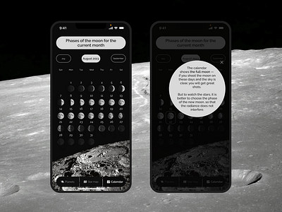 Space app: Lunar calendar app design first screen interface mobile ui ux