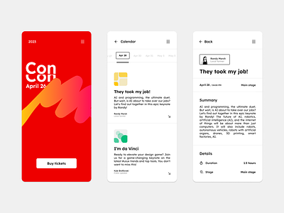 Con Con Conference app abstract android app clean con conference design graphic design illustration ios modern schedule shop simple speakers talks ticket ui