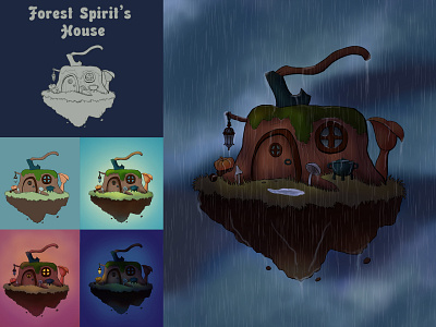 Illustration: Forest Spirit's House 2d book cart cauldron children clouds digital art fairytale flashlight house illustration mashroom night noon pumpkin rain sunset