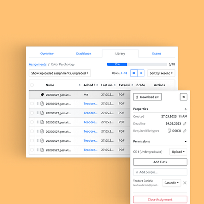 Smart University: Assignments app dashboard filters product design table ui ux