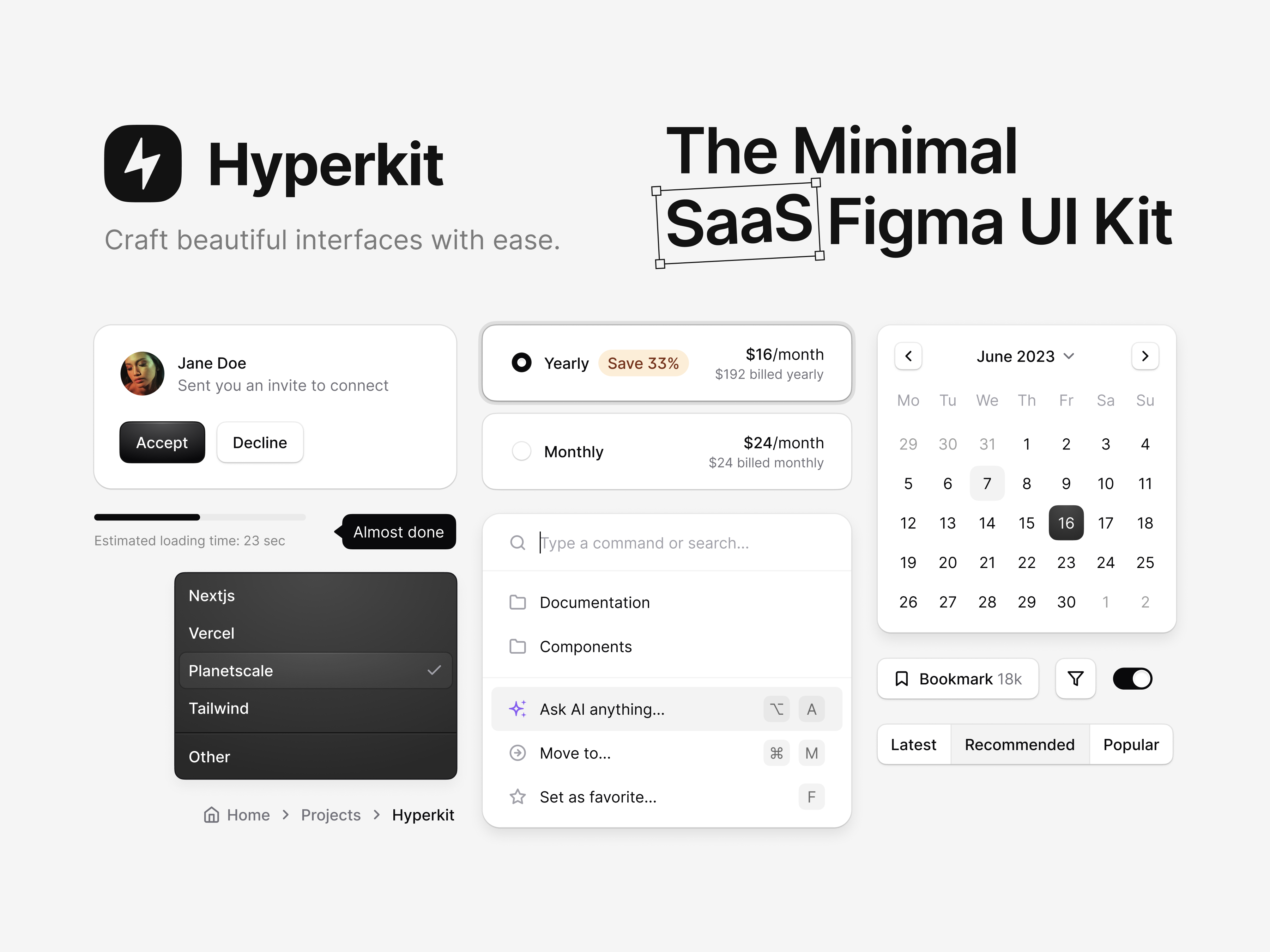 Hyperkit – The Minimal SaaS Figma UI Kit clean components dashboard design design system details easy to use examples figma figma ui kit input interface minimal product saas settings simple task template ui kit