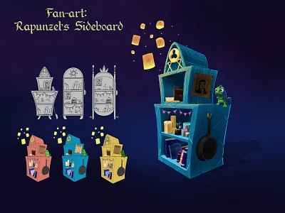 Fan-art: Rapunzel's Sideboard 2d animation bag book brush cartoon chameleon comb digital art fairytale fan art garland illustration lights paint pan props rapunzel sideboard tangled