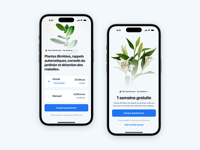 My Plant ID iOS App - Paywall - Coming soon 🪴 app store release camera france informations ios mobile app leaf memoji onboarding paywall plant garden gardener nature plant identification product design scan scanner sf rounded sf symbols species ui ux