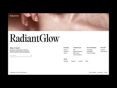 RadiantGlow - Footer branding button clean design footer gif hover layout links logo makeup minimal motion graphics newsletter typography ui user experience user interface web agency