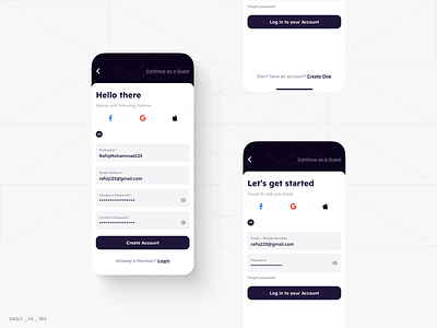 Signup, Sign In UI create account page daily ui 01 dailyui emailid guest profile hello there hide password join now login minimal minimal signup onboarding pattern password pattern sign up signup social login social signup ui username