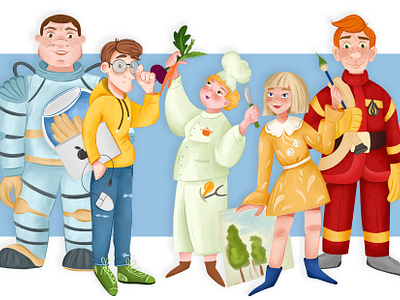 Illustration of professions for kids book artist brand character cartoon character design children illustration cooker digital art drawing firefighter illustration it specialist