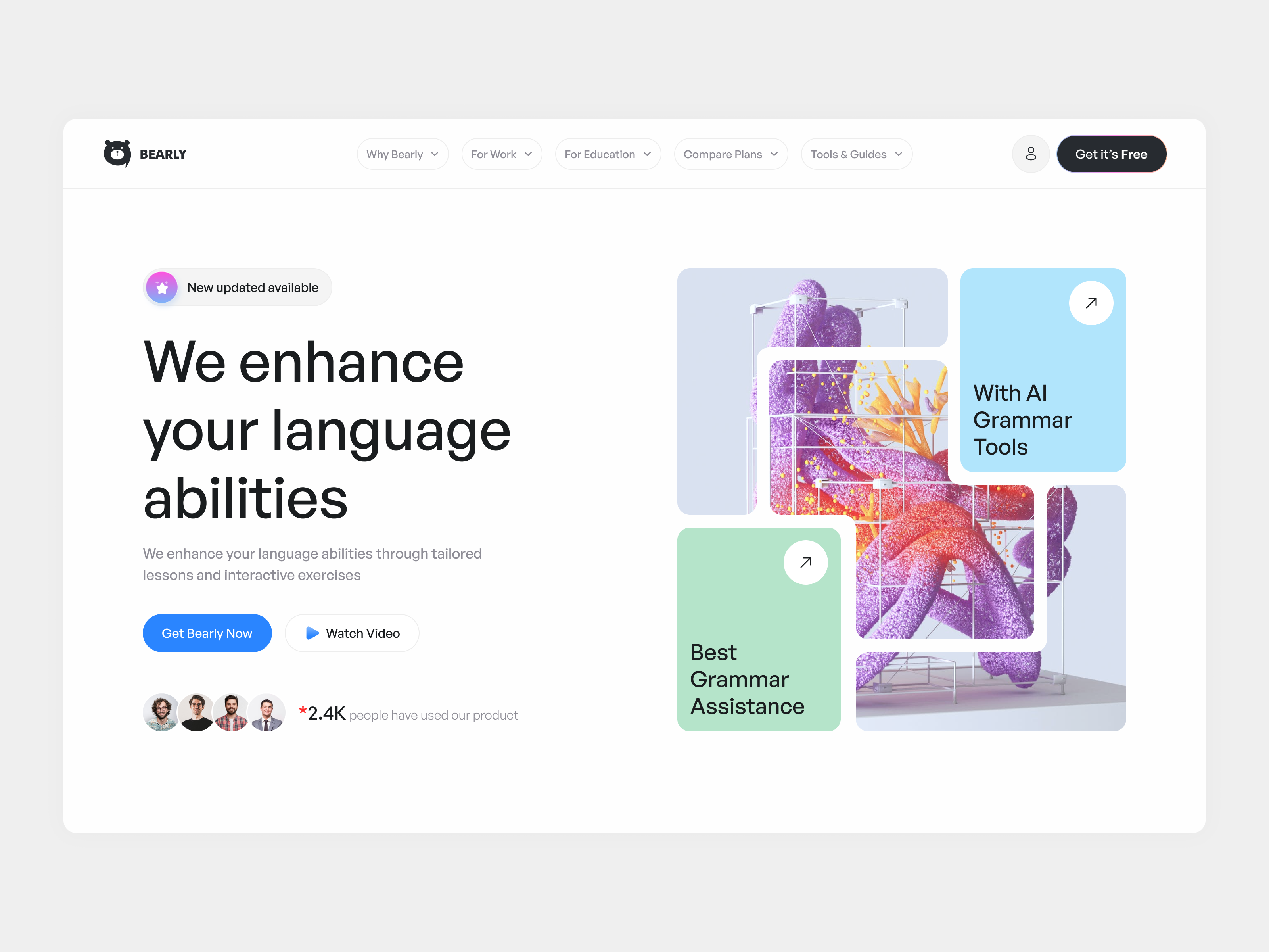 Bearly - AI Writing Assitance Landing Page [Hero] clean design grammar header hero section homepage landing landing page landing page design landing page ui platform saas ui ux web design website