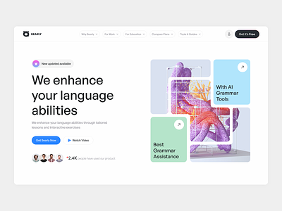 Bearly - AI Writing Assitance Landing Page [Hero] clean design grammar header hero section homepage landing landing page landing page design landing page ui platform saas ui ux web design website