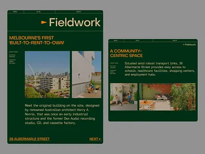 Fieldwork — Architecture Portfolio animation architecture article australia branding building design font green header location logo melbourne modern orange photographs typography ui website