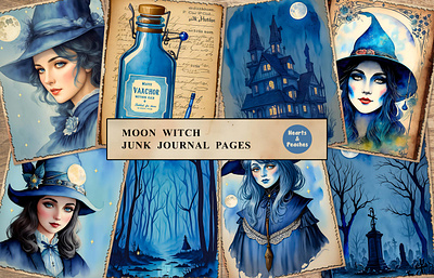 Moon Witch Junk Journal Pages design digital art digital download ephemera free freebie graphic design halloween illustration moon witch moon witch ephemera moon witch junk journal kit png vintage vintage junk journal watercolor witch witch crafts witch ephemera witch junk journal kit