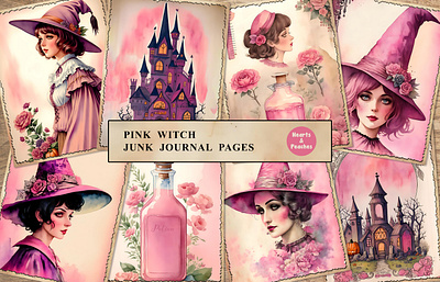 Free Pink Witch Junk Journal Pages clipart design digital art digital download free freebie graphic design halloween illustration pink witch pink witch ephemera pink witch junk journal pink witch junk journal kit png vintage watercolor witch crafts witch junk journal witch junk journal kit witchy