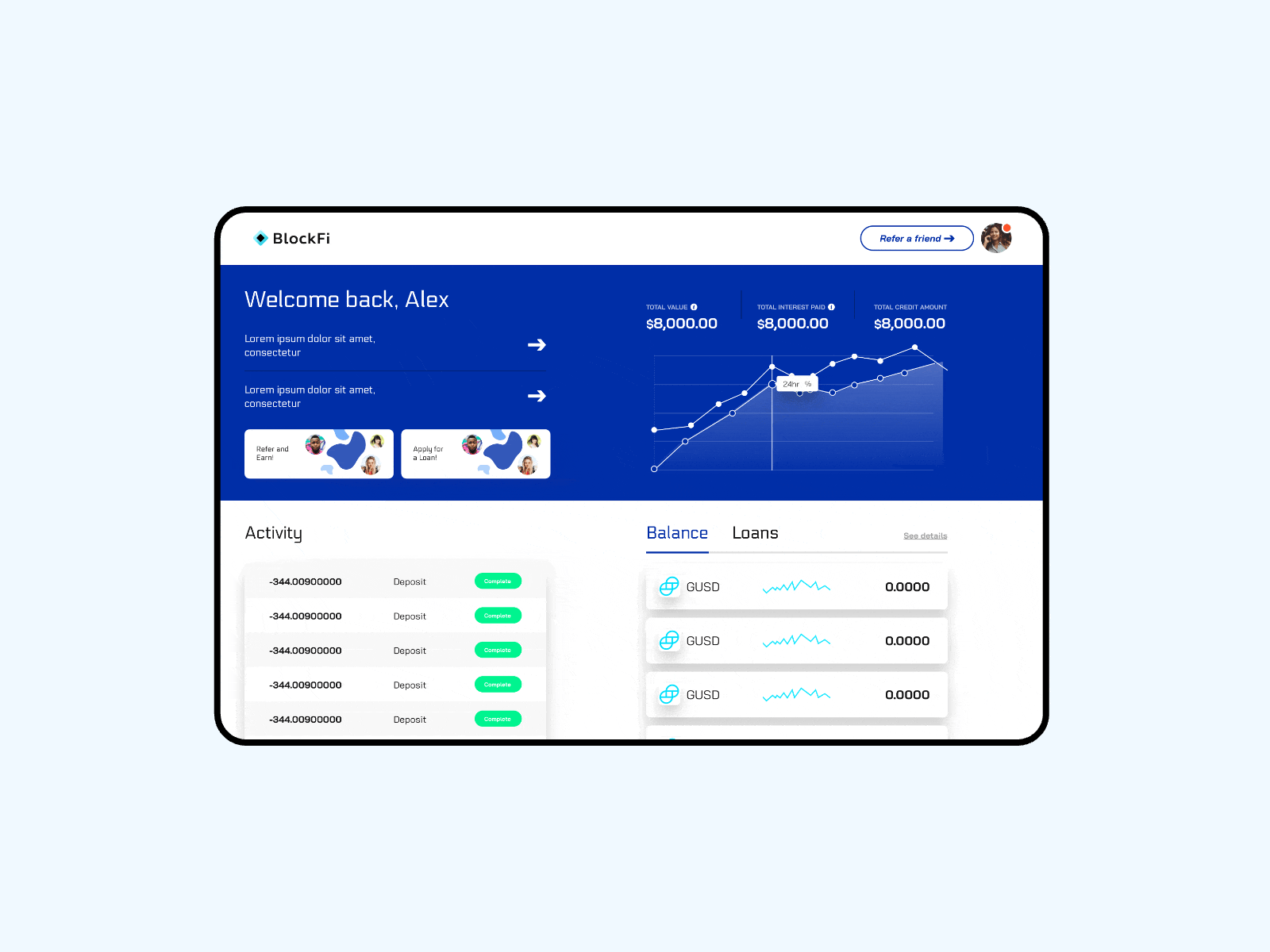 BlockFi web dashboard blockchain blockfi blue crypto dashboard typography ui ux web