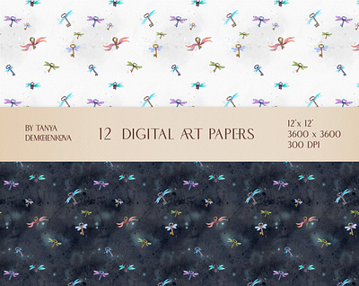 Digital paper for Scrapbook and craft, 12' x 12', 3600x3600 pix clipart design digital paper illustration magic keys scrapbook seamless pattern watercolor