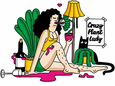 Crazy Plant Lady carnivorous plant cat character feminist funny illustration kissing love plant wine worms