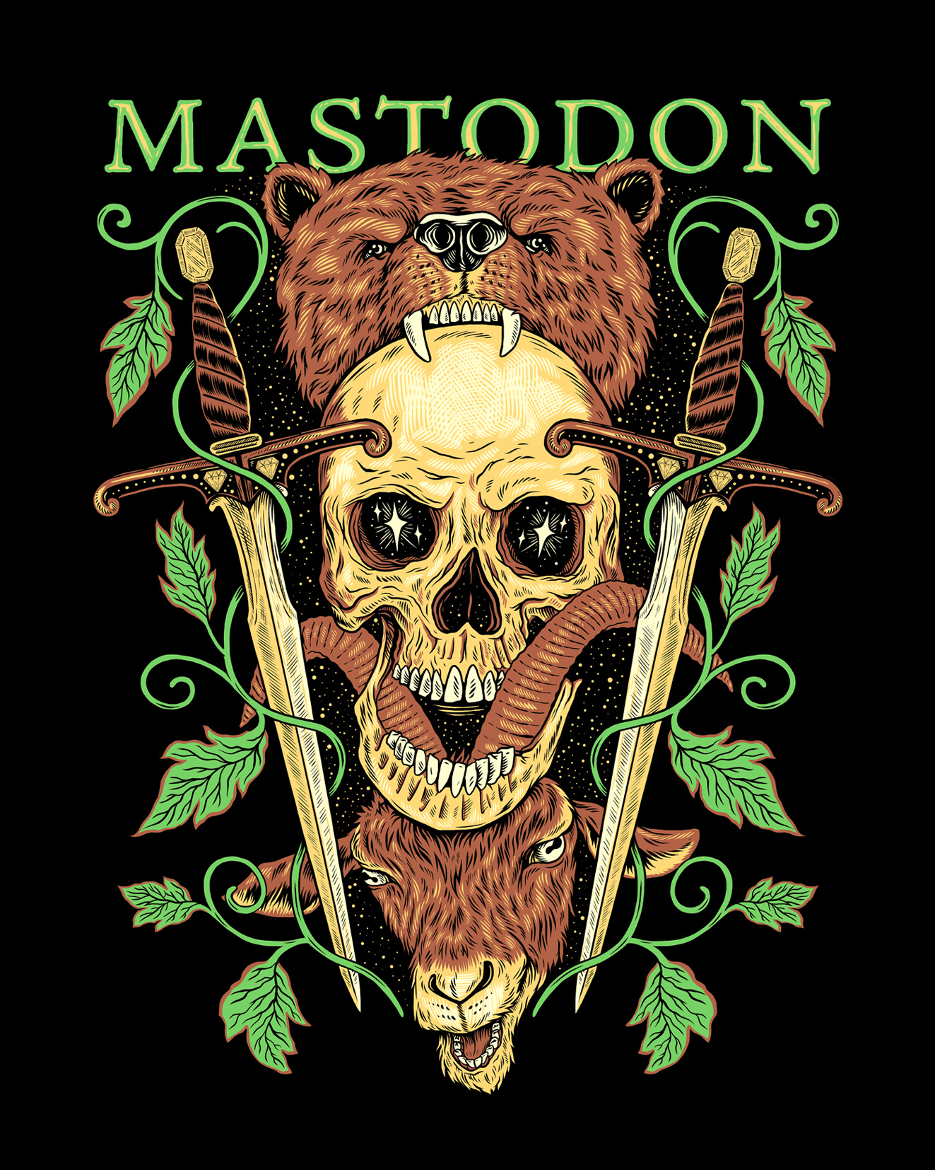 Mastodon band merch bear crest design drawing illustration mastodon merch skull
