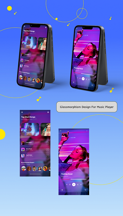 glassmorphism design for music player appdesign design figma graphic design music ui uidesign uiux ux uxdesigner