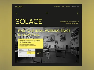 Solace — Find your ideal working space brutalism canada coworking design figma minimalism montreal office solace swiss yellow