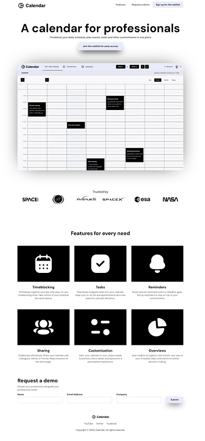 Calendar App Web Design Concept app black calendar grey greyscale landing page ui ux web design white