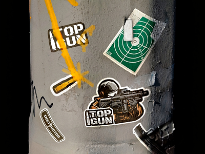 TopGun Sticker Pack (gun store & shooting range) branding brutalism bullet design figma graphic design gun identity inspiration logo mockup print realistic sticker pack topgun typography ukraine