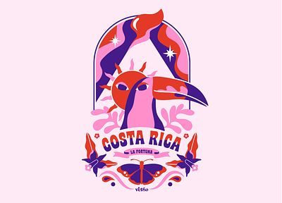 La Fortuna Costa Rica animals badge birds costa rica illustration nature pink toucan volcano