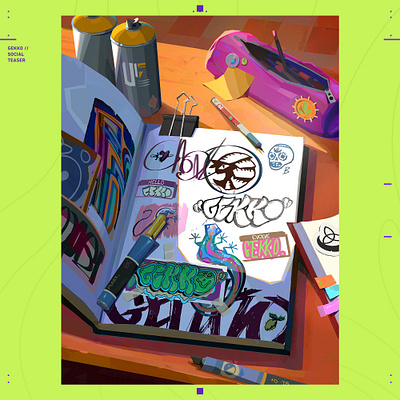 GEKKO // Skateboard - Graffiti + Sprays branding gamedev gekko graffiti logo skateboard sketchbook sprays valorant visualdesign