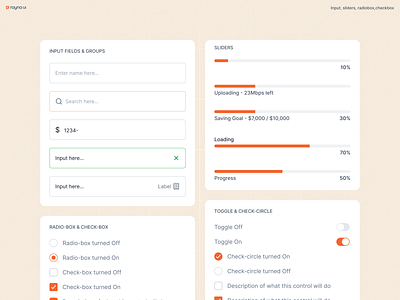 Rayna UI - input, sliders, checkbox branding checkbox component component library dashboard dashboard ui design design system figma figma design system graphic design illustration input field progress bar slider typography ui vector