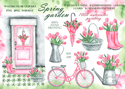 Spring garden watercolor illustrations set. background clipart