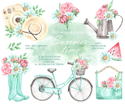 Summer time watercolor illustration set. flowers seamless pattern