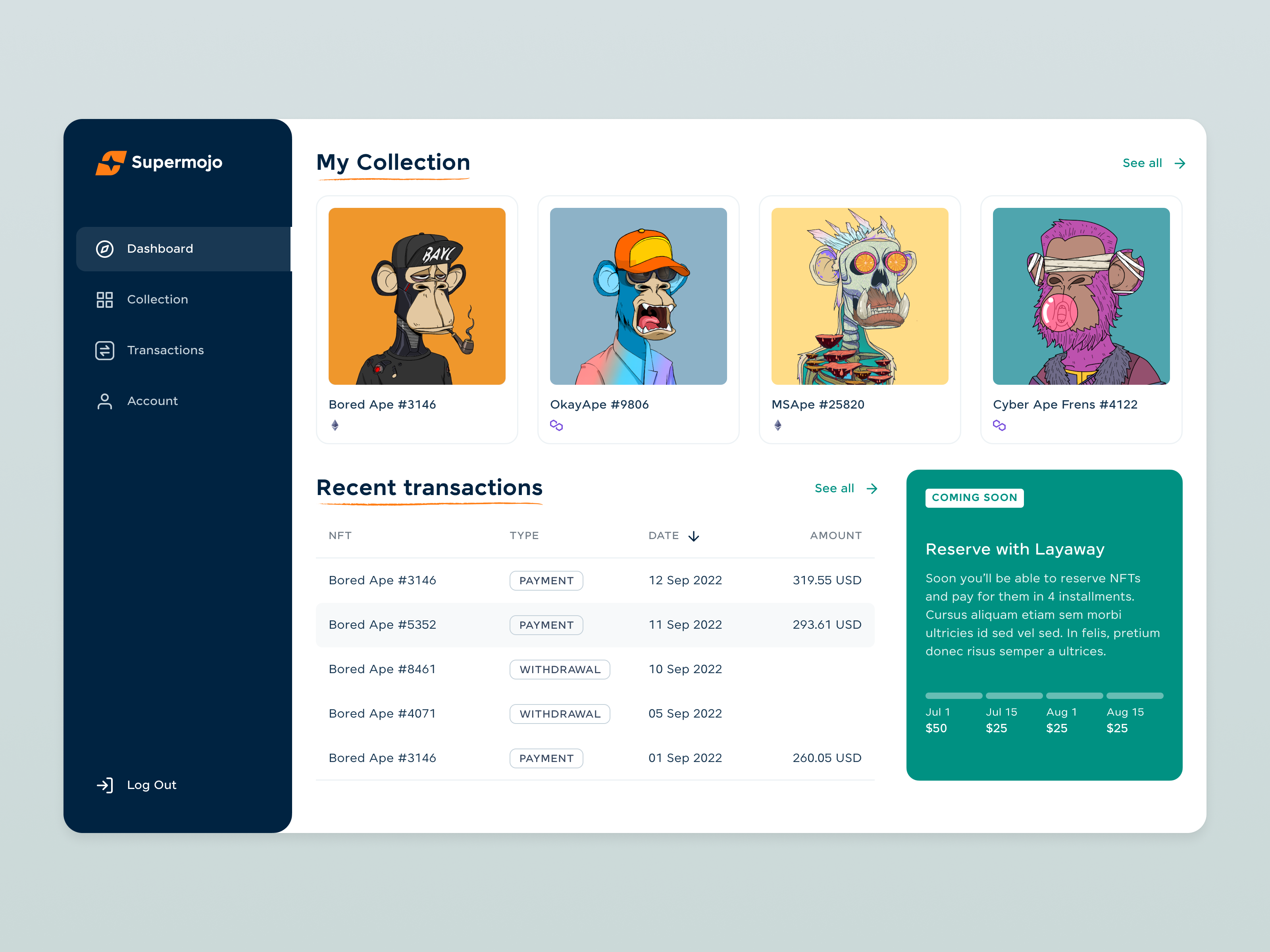 Supermojo — building frictionless pay-later customer experience app branding cards clean design ecoommerce interface minimal nft payments product ui ux web web3
