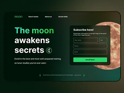 Landing page #3 branding button dailyui design figma forms glass effect landing page landingpage logo moon ui ux