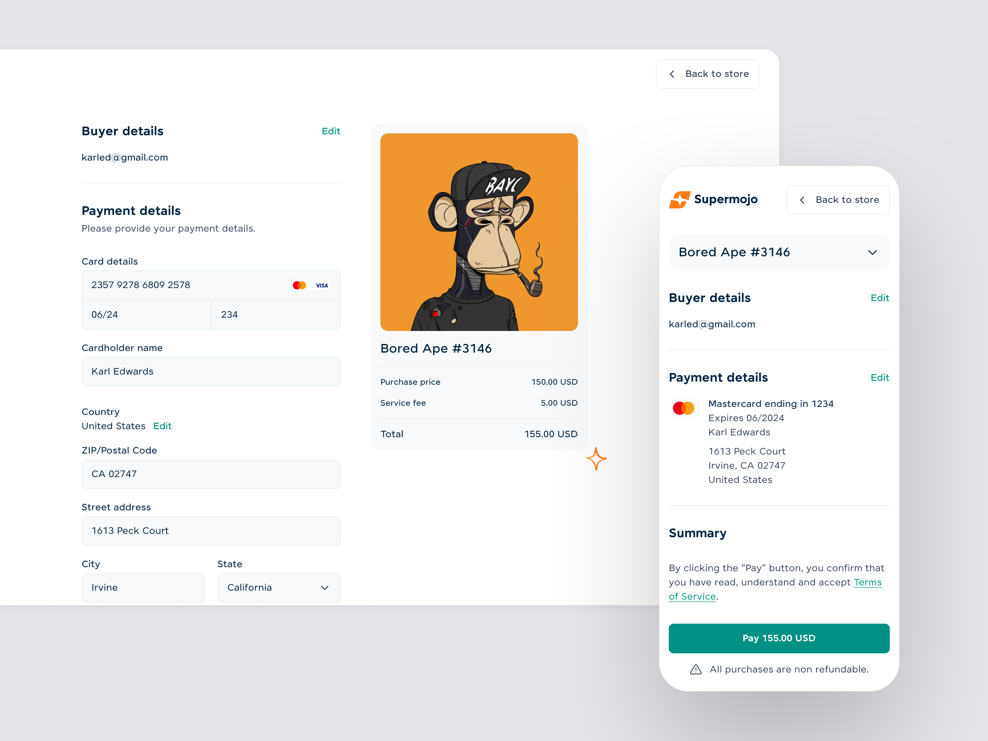 Supermojo — building frictionless pay later customer experience app blockchain cards clean ecommerce interface minimal mobile nft payment ui ux web web3
