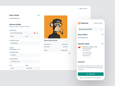 Supermojo — building frictionless pay later customer experience app blockchain cards clean ecommerce interface minimal mobile nft payment ui ux web web3