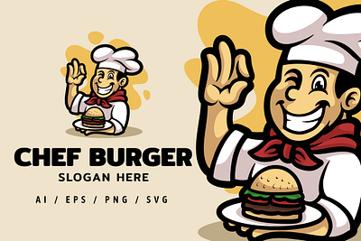 Yellow Chef Burger Mascot Illustration 3d animation branding burger cafe chef dansdesign fast food graphic design icon illustration logo mascot restaurant ui