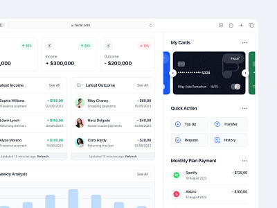 Fiscal Finance - Financial Dashboard analytics bar graph clean component dark mode dashboard design dipa inhouse e wallet finance fintech funds graphs minimal payment product design transaction ui design ux design web app