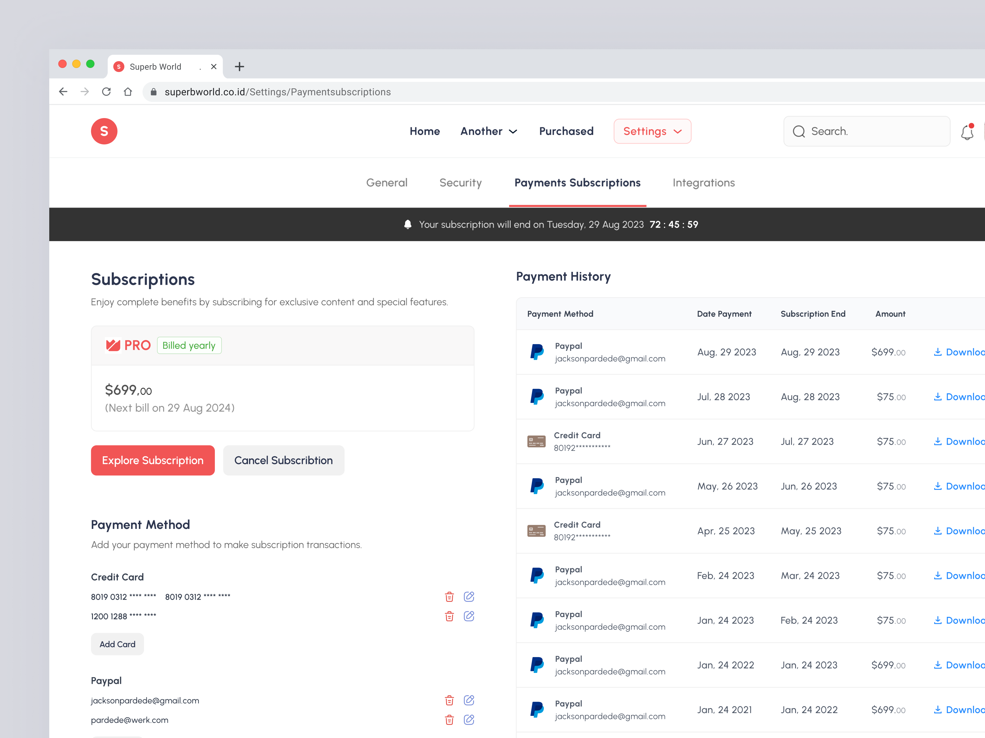 Payments Subscriptions billing clean design history payments history plans settings subscriptions table tabs