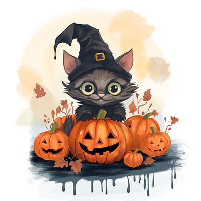 “Purrfectly Spooky Harvest" animal illustration card cartoon halloween illustration kitten pumpkin