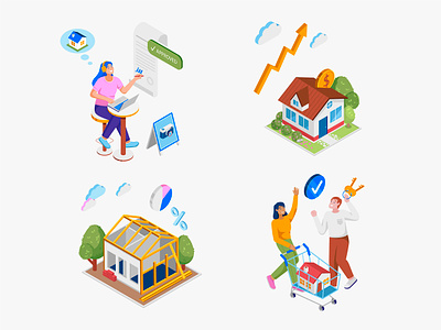 Mortgage Isometric Illustrations approved branding character color colorful construction cute design family finance home house illustration investment isometric loan money mortgage student vector
