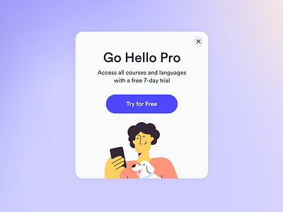 Pro Modal Mobile UI ai app app design button card design dog free gradient hover illustration language learning modal phone pro product shadow trial ui