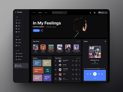 Groovy - Music Streaming album art artist profile audio player audio ui equalizer ui genre selection music app music app concept music discovery music interface music library music player now playing playlist management playlists song queue song recommendations sound app uiux music volume controls