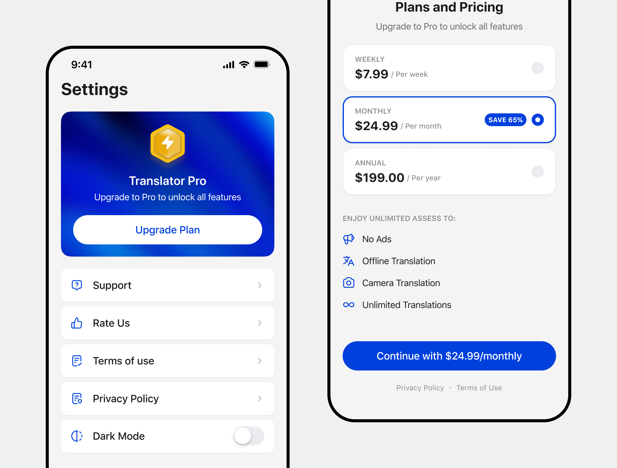 Translator App (Light Mode) light ui minimal mobile app design pricing plans setting ui translator app twentyfour ui ux