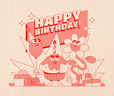 Birthday giftcard illustration balloon birthday celebration characterdesign flower giftcard happy happy birthday holiday illustration muffin