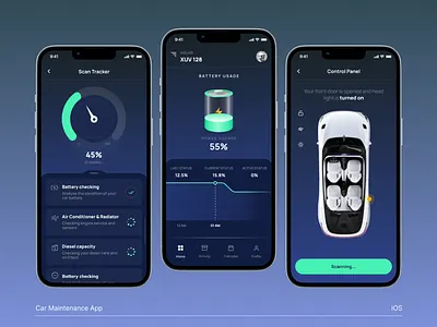 Car Maintenance App IOS battery status battery usage car battery car maintenance app dark theme graph tarcking ios mobile app scanning status tracker