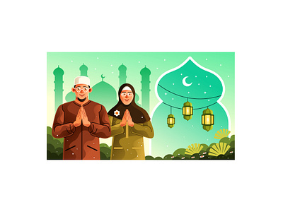 Eid Greetings from Muslim Couple Illustration ecards