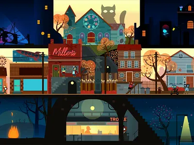 Night In The Woods 2d adobe after effects adobe illustrator animation character animation cozy illustration motion design motion graphics night in the woods town vector